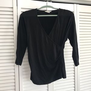 Boden Black 3/4 sleeve faux wrap shirt size 10